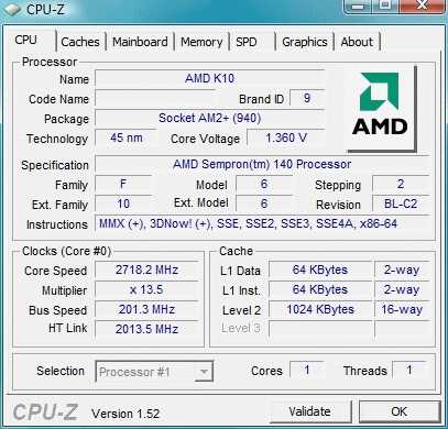Характеристики процесора AMD Sempron 140 в програмі CPU-Z