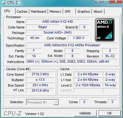 Характеристики розлоченого процесора AMD Sempron 140 в програмі CPU-Z