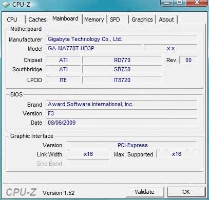 Характеристики материнской платы Gigabyte GA-MA770T-UD3P в программе CPU-Z