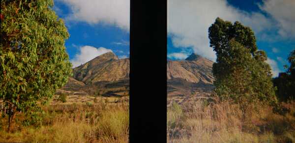 Как выглядит фотография невысокой горы в степи на двух мониторах. Слева с матрицей IPS, справа с матрицей TN