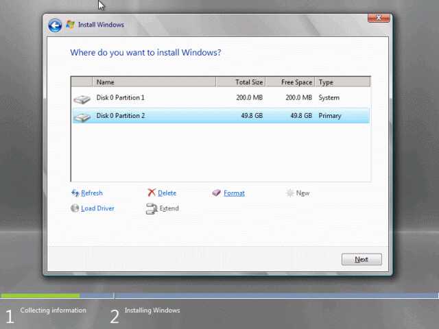 Мастер установки Windows 7. Выбор раздела для установки